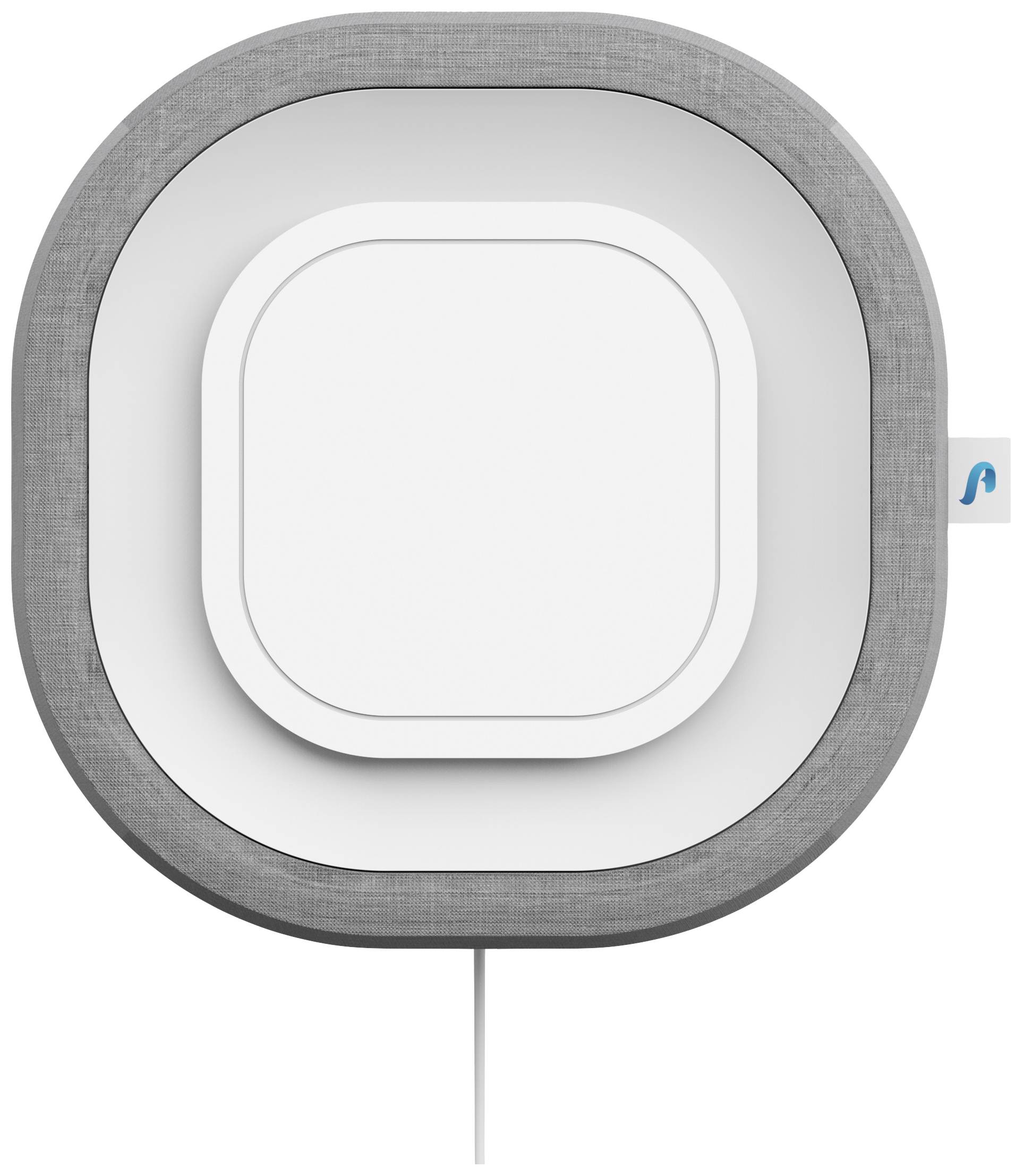 Szürke, lekerekített sarkú négyzet alakú eszköz, fehér központi résszel, felfüggesztve egy falon.