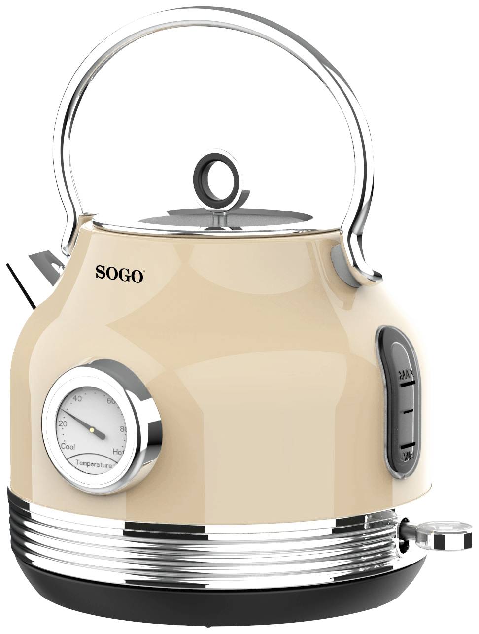 Bézs vízforraló hőmérséklet- és vízszintjelzővel az oldalán. Elegáns dizájn rozsdamentes acél részletekkel.