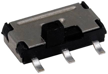 Egy téglalap alakú, fémbevonatú mikro-csúszókapcsoló három csatlakozóérintkezővel. Elektronikai alkalmazásokra alkalmas.