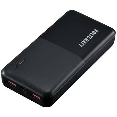 Egy fekete powerbank 'Voltcrafter' felirattal, három USB-csatlakozóval, egy USB-C-csatlakozóval és töltésjelző kijelzővel.