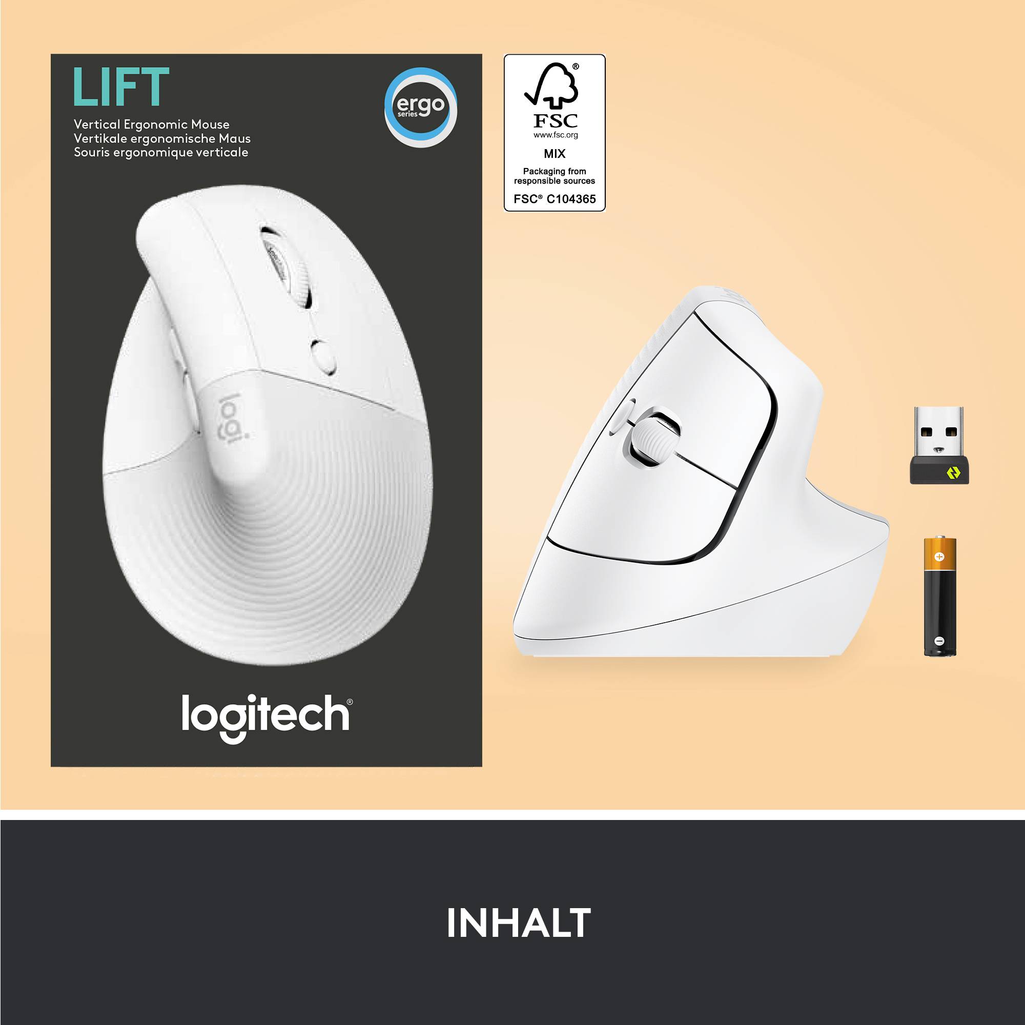Logitech ergonomikus vertikális egér, 'Lift' modell, balra a képen becsomagolva, jobbra kicsomagolva USB-vevőegységgel, bézs háttér előtt.
