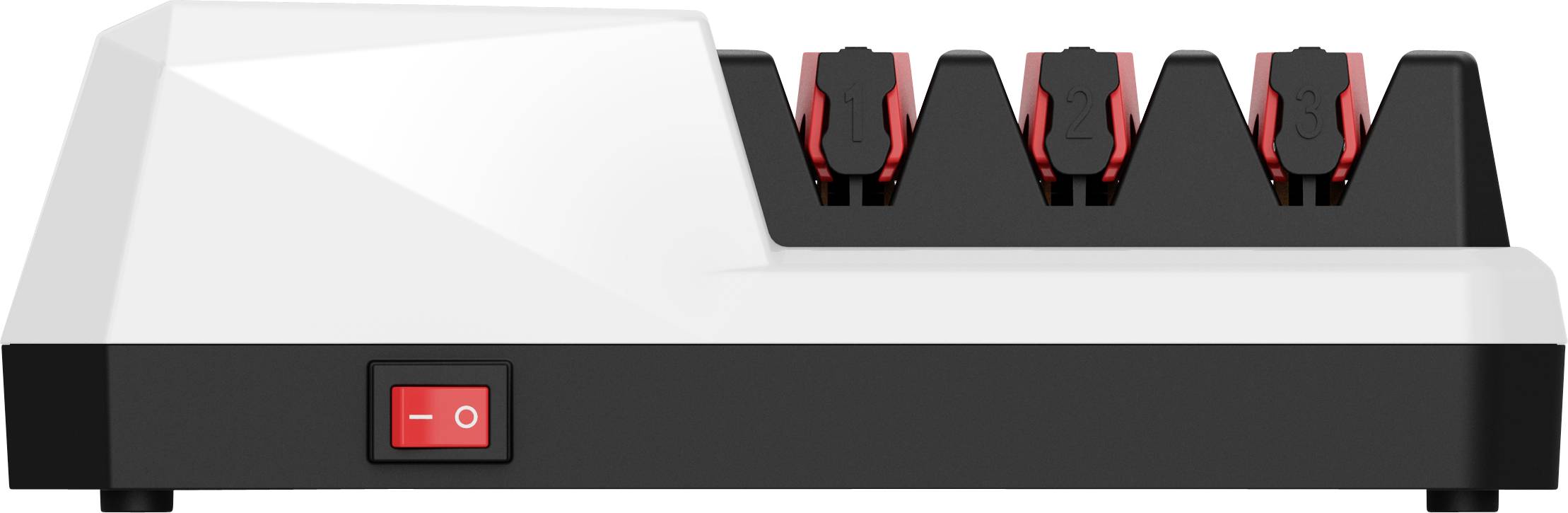 Egy négy töltőrekesszel rendelkező töltő, amelynek bal oldalán egy piros be-/kikapcsoló gomb található.