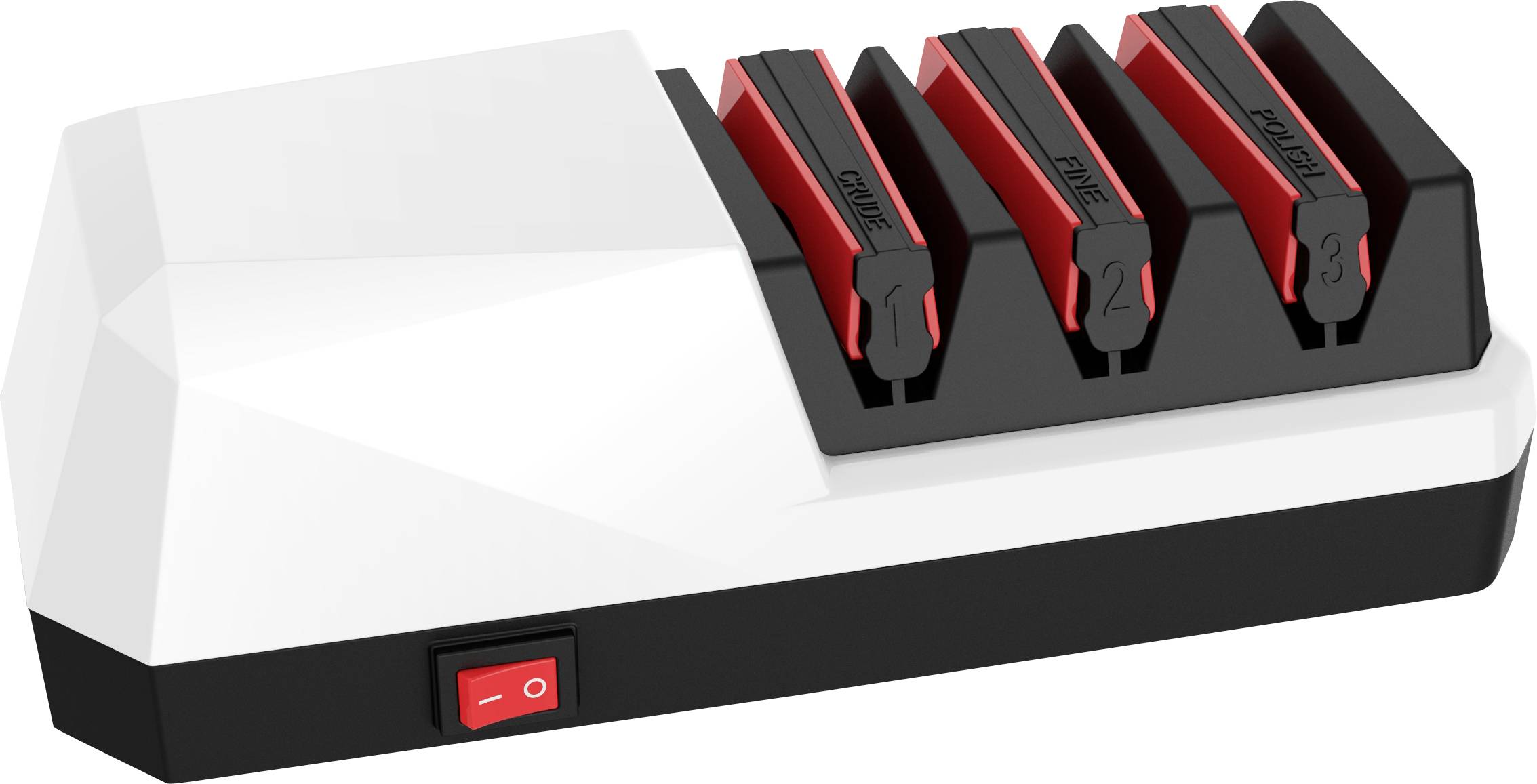 Fehér-fekete elektronikus eszköz három csatlakozóhellyel és egy piros be-/kikapcsoló gombbal, valószínűleg egy töltőkészülék.