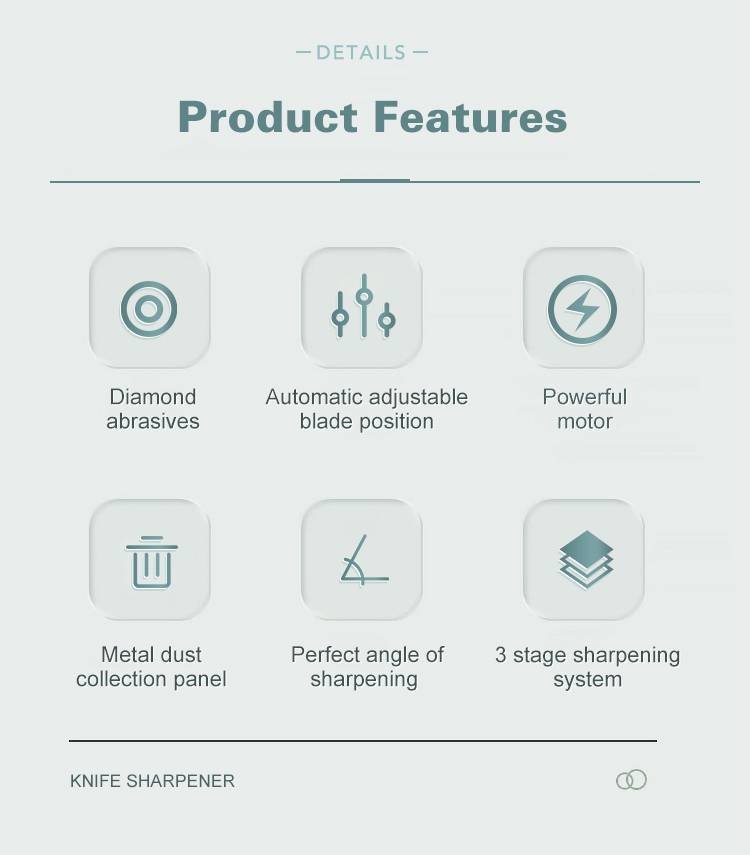 'Termékjellemzők: gyémánt csiszolóanyag, automatikus pengepozicionálás, nagyteljesítményű motor, fémgyűjtő tálca, tökéletes csiszolási szög, 3 fokozatú csiszolórendszer.'
