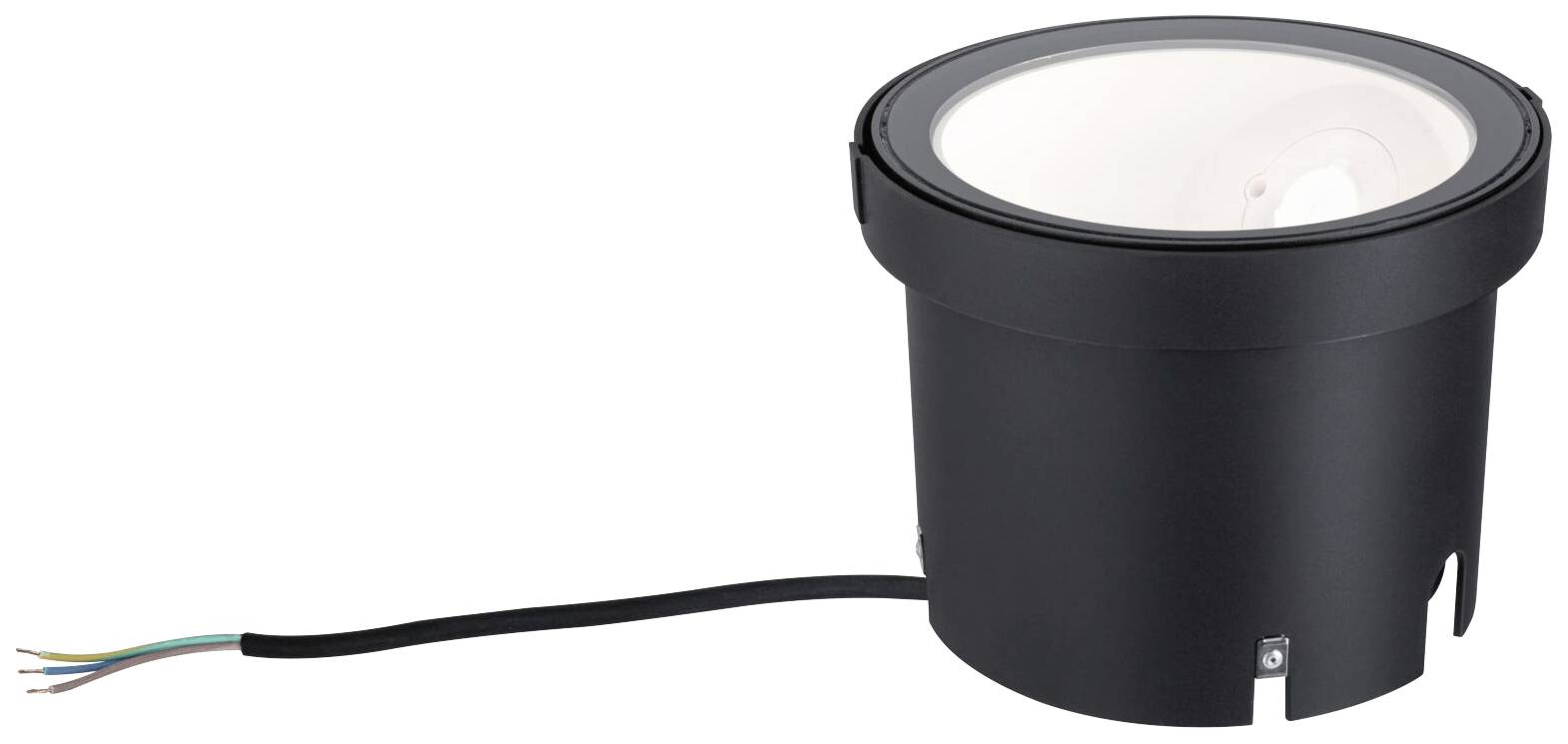 Fekete, süllyesztett talajlámpa kerek házban, kábellel, kültéri világításhoz alkalmas, amelynél nem látható a fénysugár.