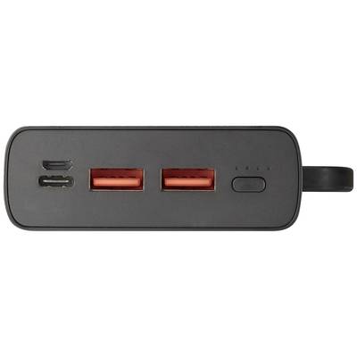 Fekete töltő két USB-A porttal, egy USB-C porttal és egy Micro-USB porttal. Tartalmaz egy gombot és töltésjelző fényeket.
