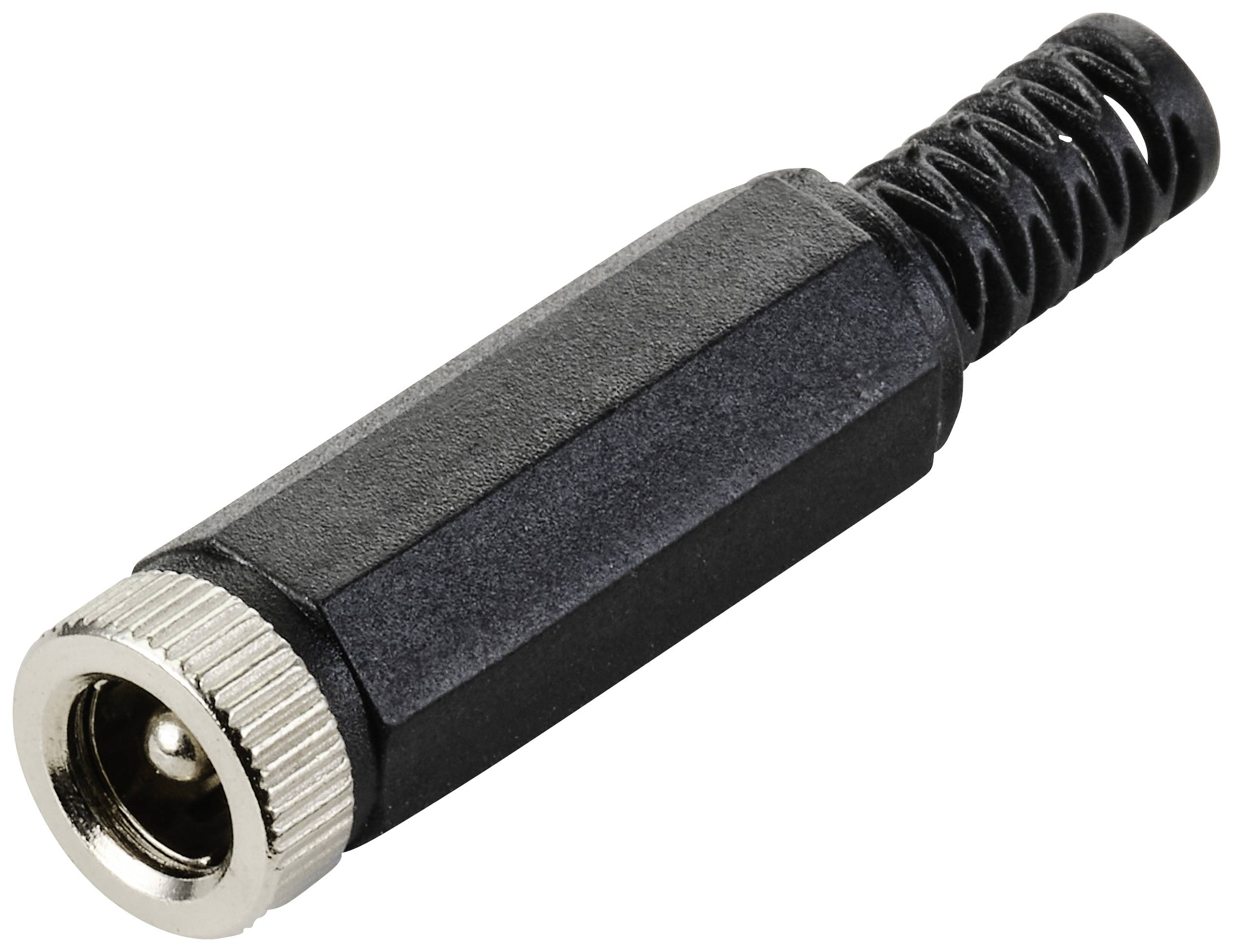 Fekete audiós csatlakozó adapter fémmenetes kivitelben, rugalmas kábelvédelemmel, audioeszközök csatlakoztatásához alkalmas.