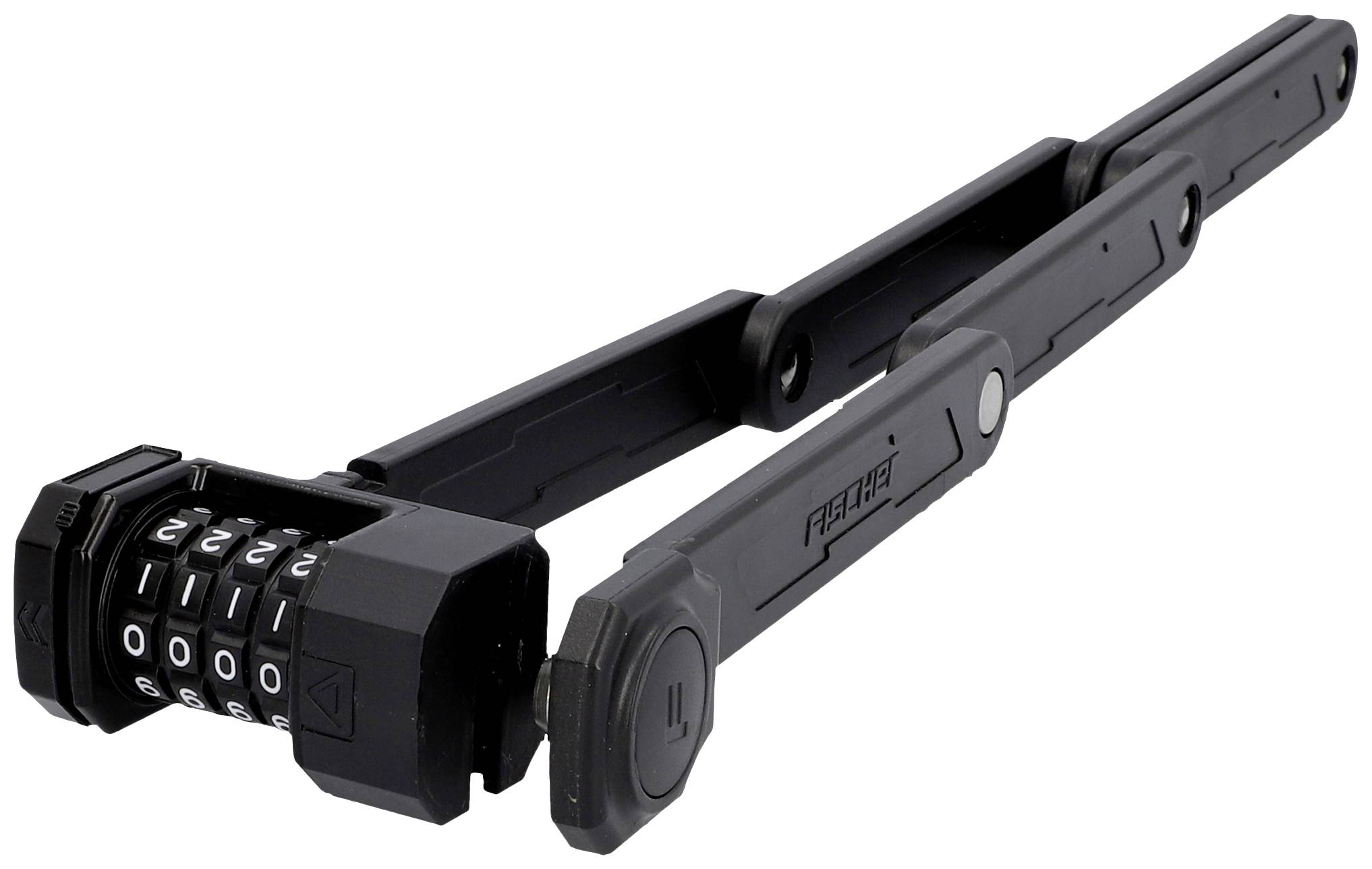 Egy fekete, összehajtható kerékpárzár számbillentyűs zárszerkezettel, összecsukott állapotban. Tökéletes kerékpárok biztonságos rögzítéséhez.