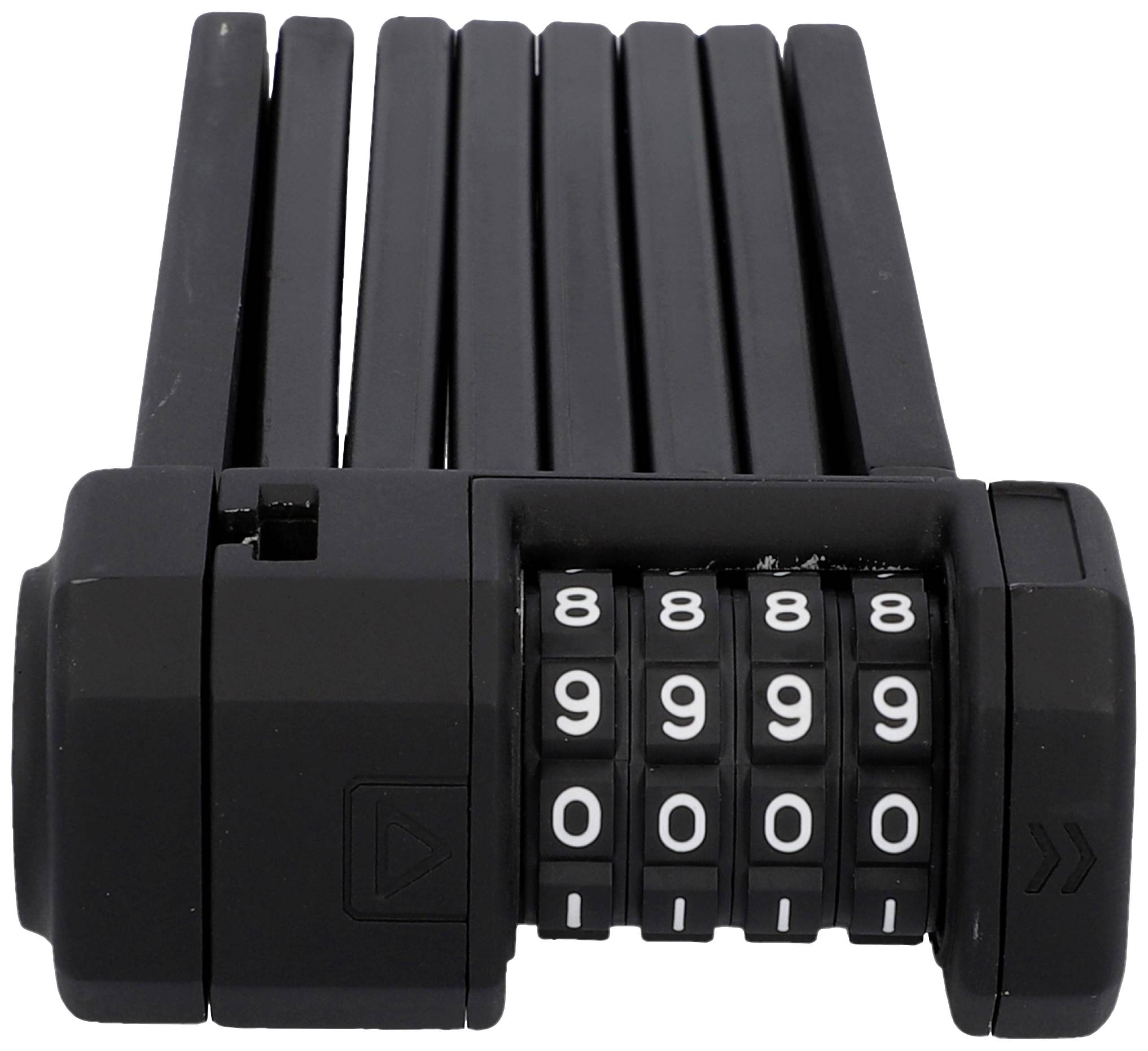 Egy fekete, összehajtható kerékpárzár, amelynek számkombinációja jelenleg '8888'.