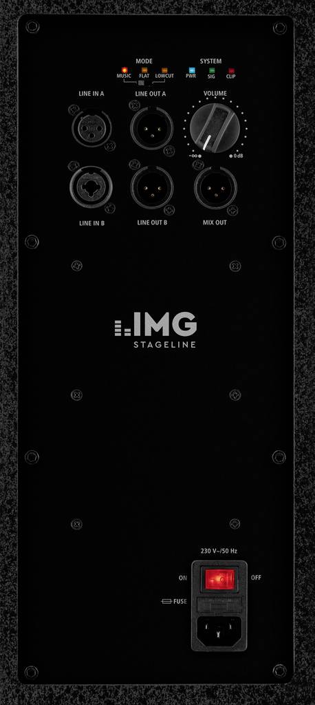 'IMG Stageline' hangszóró hátoldala különböző csatlakozókkal, be-/kikapcsoló gombokkal és hangerőszabályzóval.