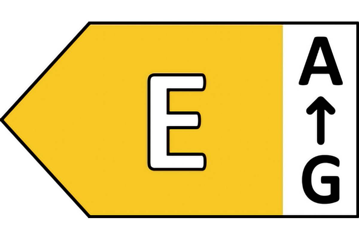 Energia-hatékonysági címke 'E' osztállyal, sárgával kiemelve. A skála A-tól (magas) G-ig (alacsony) terjed.