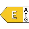 Energia-hatékonysági címke 'E' osztállyal, sárgával kiemelve. A skála A-tól (magas) G-ig (alacsony) terjed.