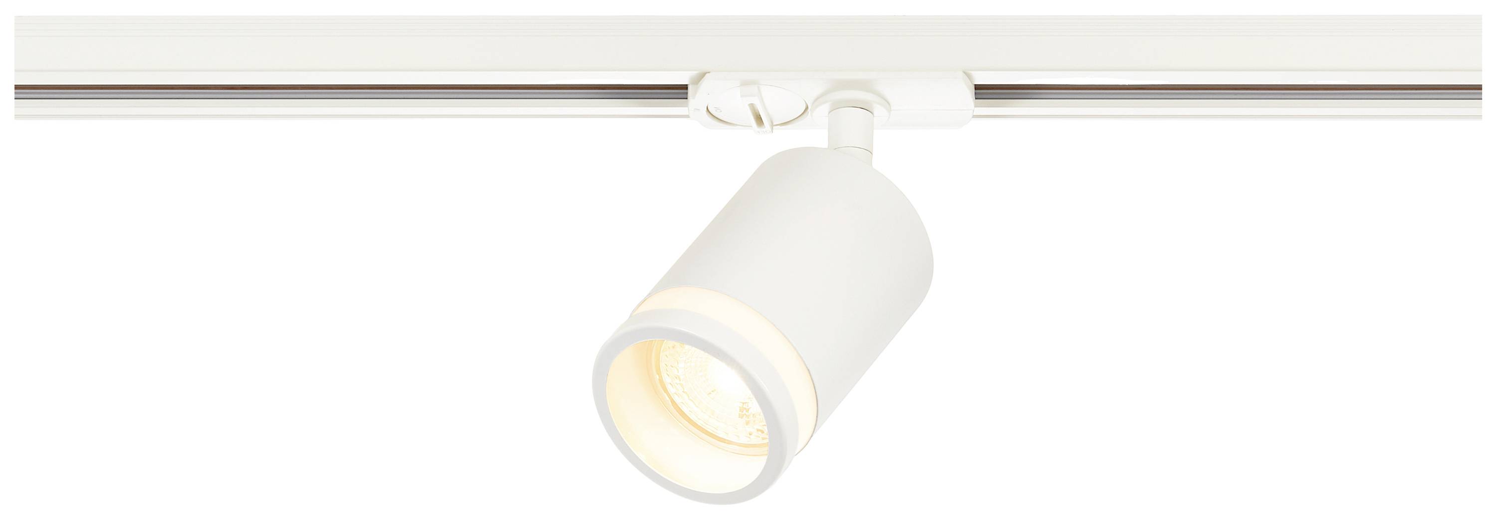 Egy fehér, hengeres mennyezeti lámpa lefelé sugároz fényt. Sínre van szerelve és irányított világítást biztosít.