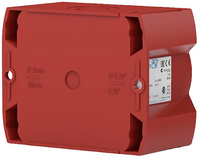 Kerek, négyzet alakú elektronikai doboz CE- és EAC-jelöléssel. Elektromos szerelésekhez alkalmas. Méret: 98mm x 98mm.