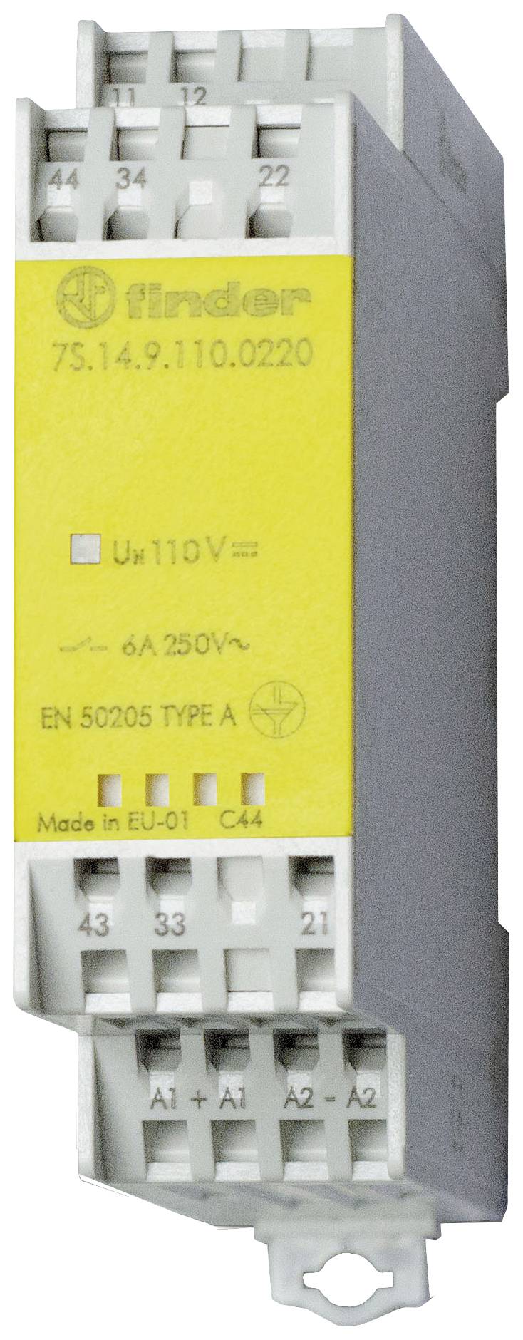 Ipari relé sárga címkével, specifikációk: '110V váltófeszültség', '6A 250V', 'EN 50205 A típus'.
