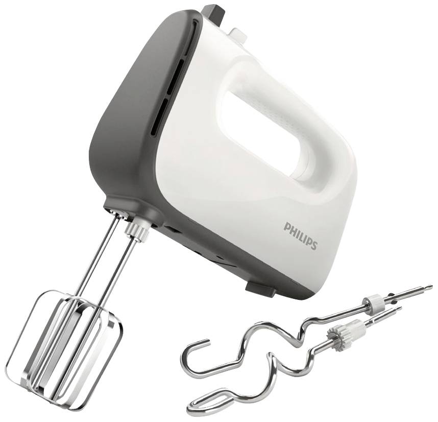 Philips fehér és szürke konyhai kézi mixere habverő és dagasztókar tartozékokkal, modern konyhai eszközkészletet mutat be.