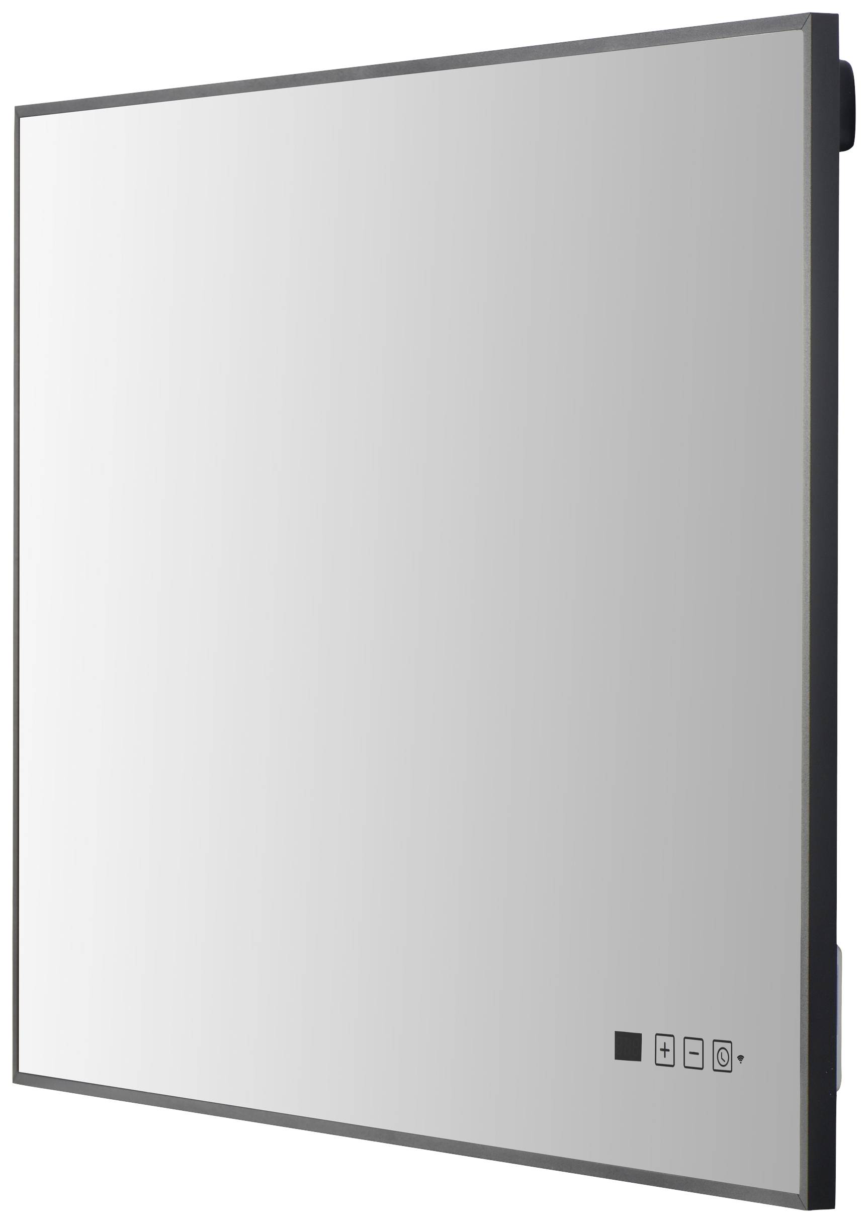 Egy négyzet alakú tükör vékony, sötét kerettel; lent jobbra kis beállítási szimbólumok találhatók.