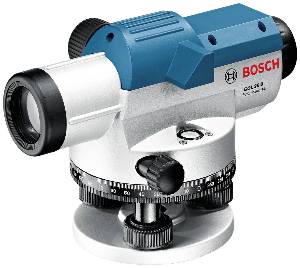 Bosch GOL 26 D Professional szintező műszer ezüst és kék színben, mérőskálával és fókuszáló kerékkel, precíziós mérési munkálatokhoz alkalmas.