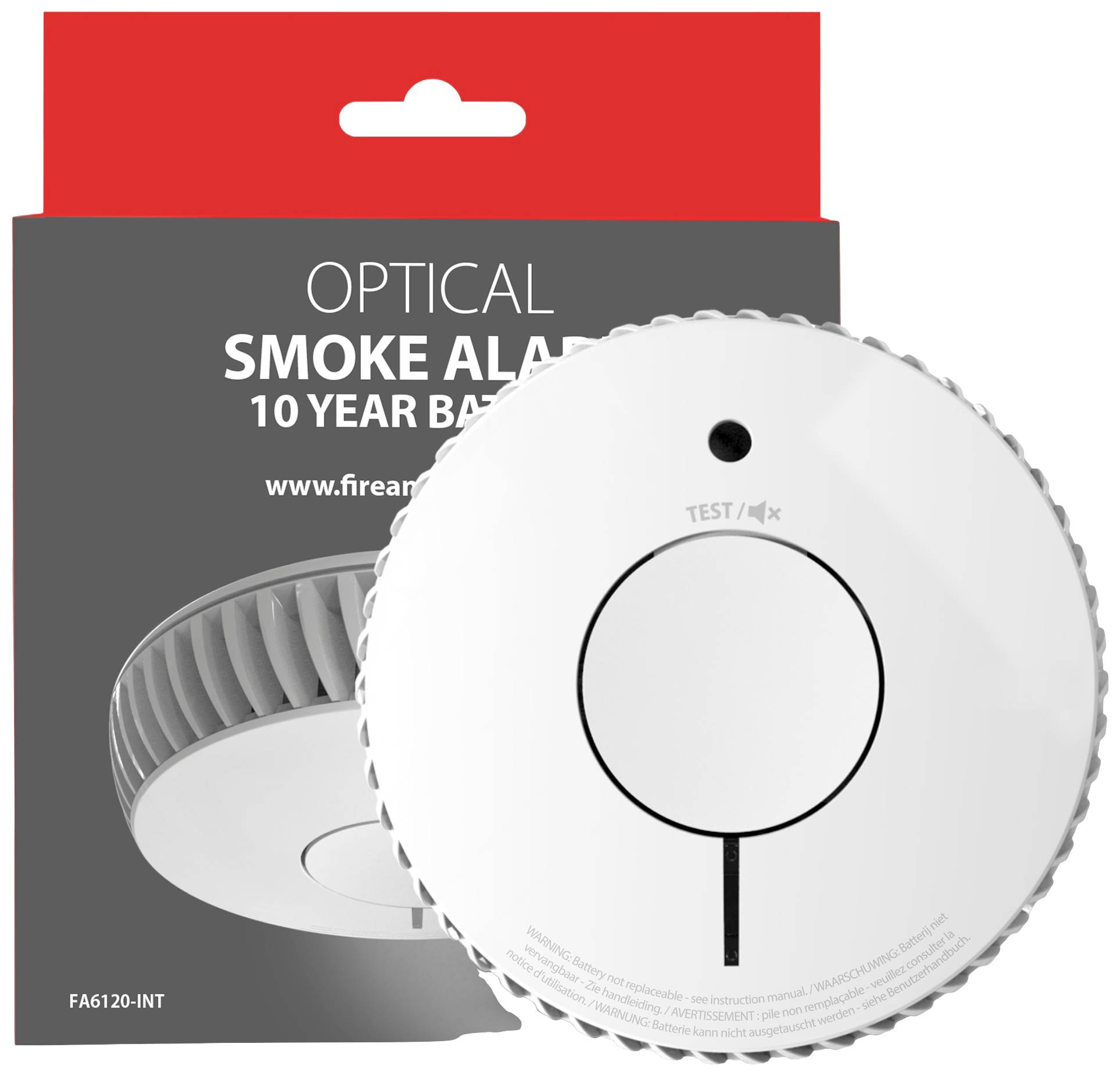 Optikai füstérzékelő fehér házban, 10 éves élettartamú elemmel. Termékjelölést és fekete arculati elemeket tartalmazó csomagolás.