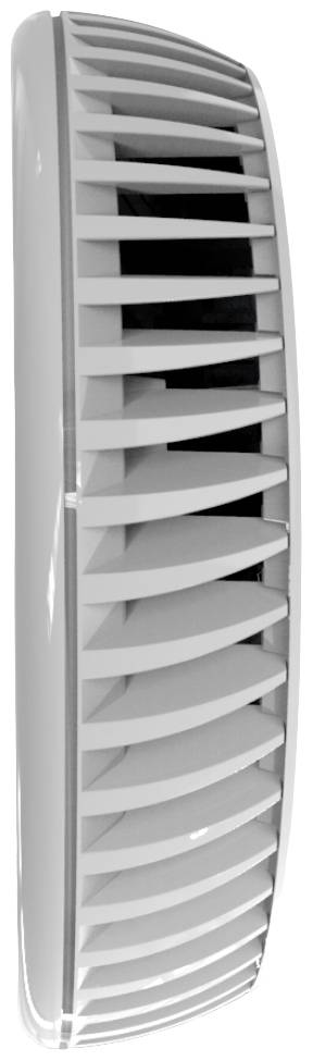 Egy modern, fehér ventilátor oldalnézete keskeny, párhuzamos szellőzőnyílásokkal.