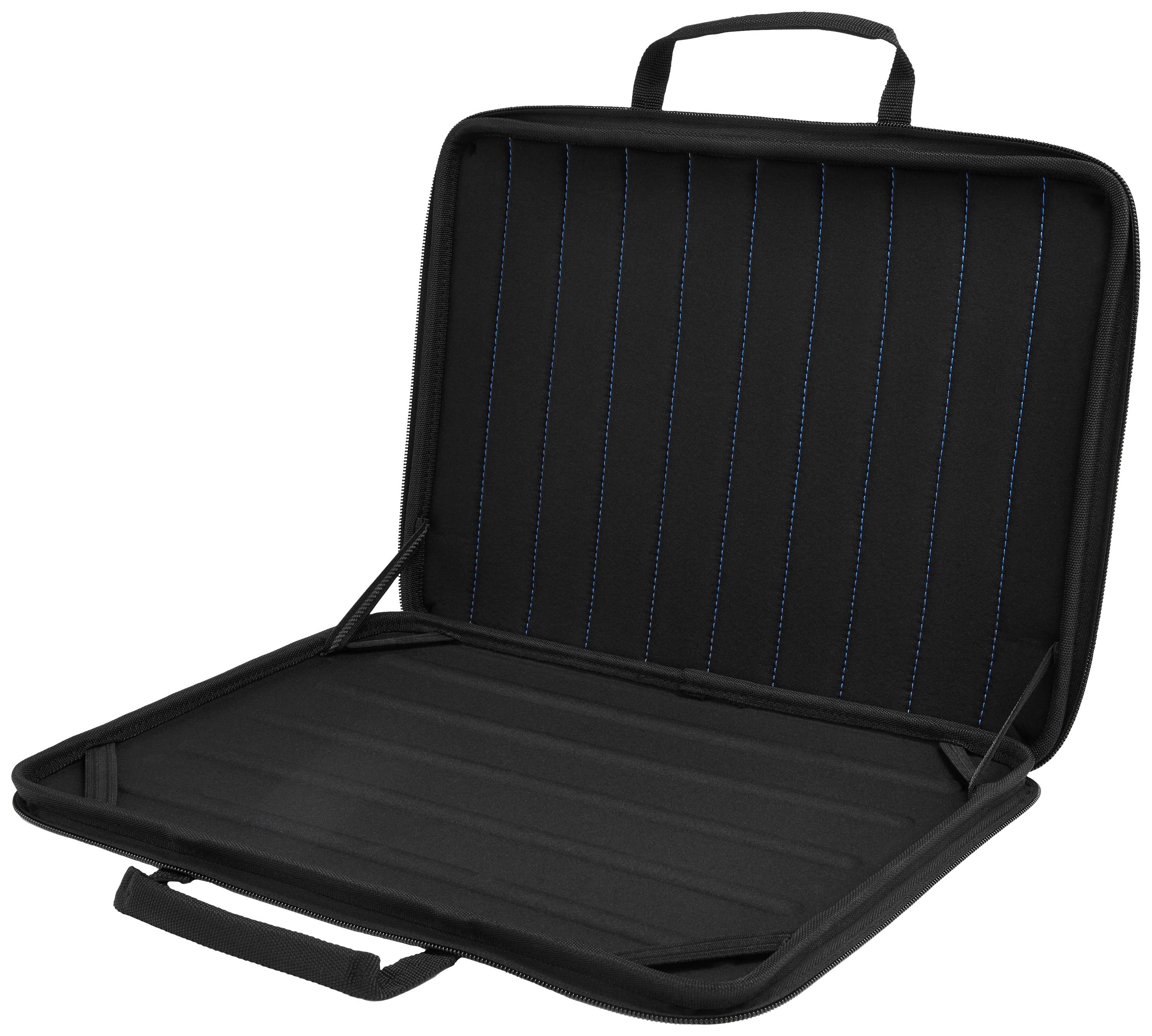 Nyitott fekete táska kék belső varrással, alkalmas lapos tárgyak vagy dokumentumok szállítására.