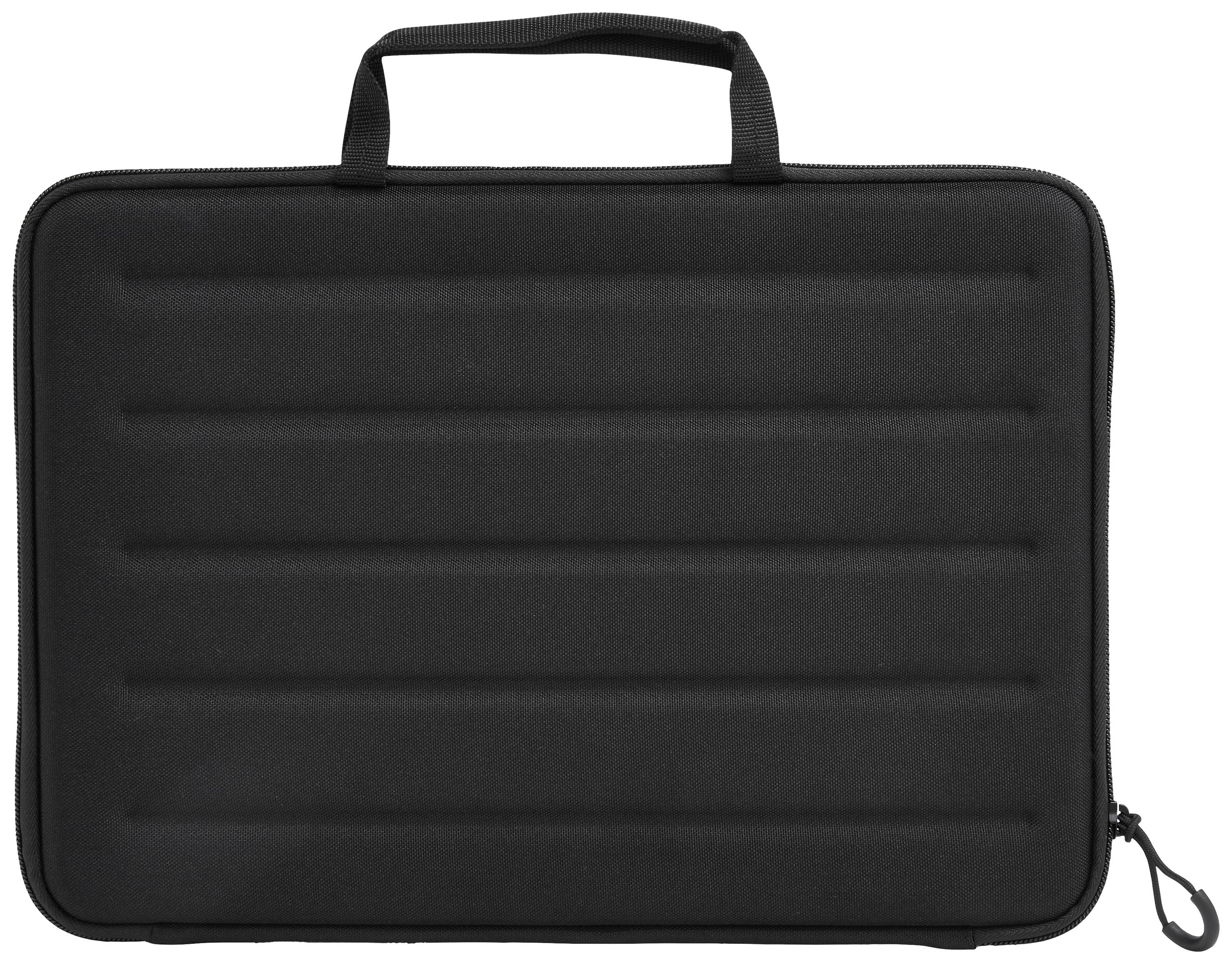 Fekete, párnázott laptoptáska fogantyúval, zárt állapotban. Tökéletes védelem és szállítás laptopok számára különböző méretekben.