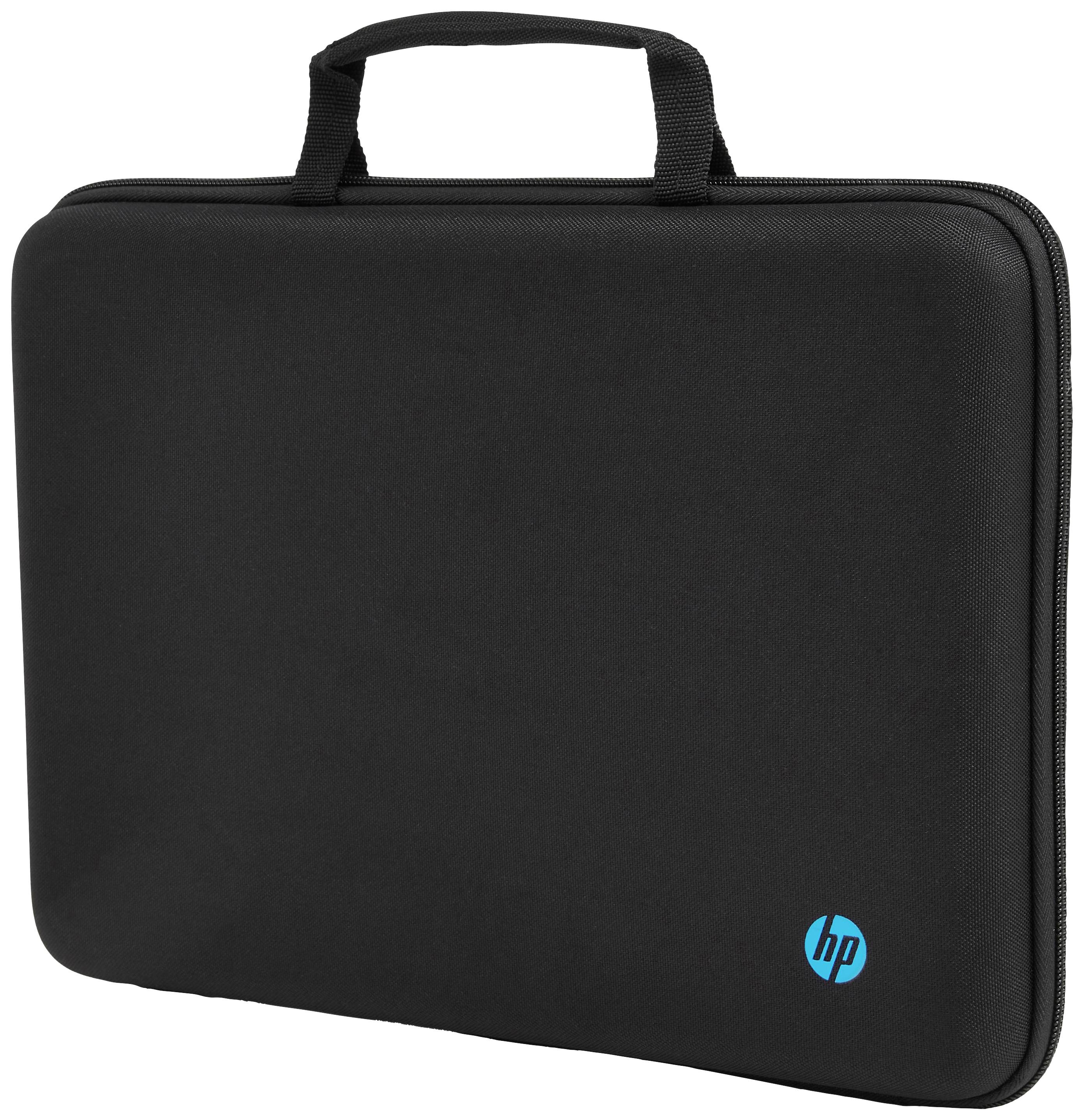 Fekete laptop táska fogantyúkkal, HP-logóval az alsó jobb sarokban. Ideális laptopok védelmére és szállítására.