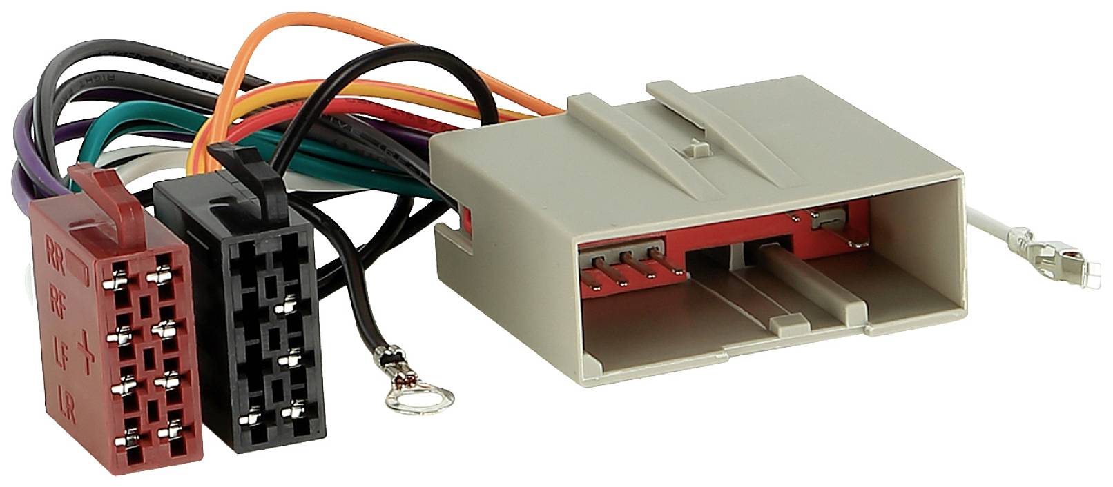 Többszínű kábelekkel és csatlakozókkal rendelkező kábelköteg-adapter, amelyet autórádió gyári járműcsatlakozásaihoz történő csatlakoztatáshoz terveztek.
