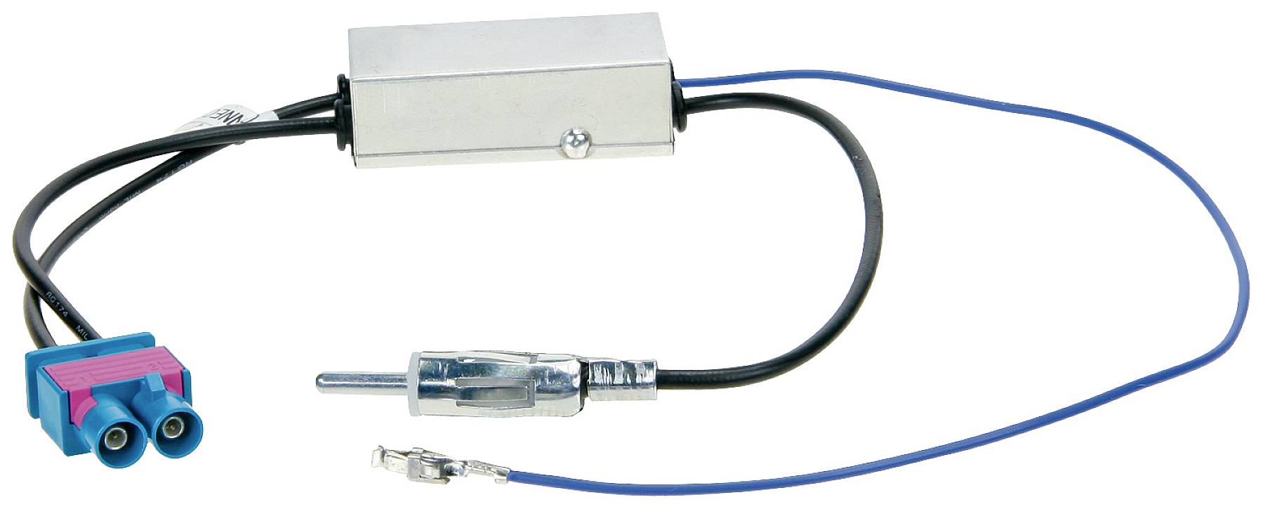 Egy antenna-adapterkábel fémházzal, kék csatlakozóval és fekete kábellel, amely egy műanyag csatlakozóban végződik.