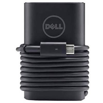 Fekete Dell hálózati adapter feltekert kábellel és USB-C csatlakozóval. Kompatibilis eszközök áramellátására alkalmas.
