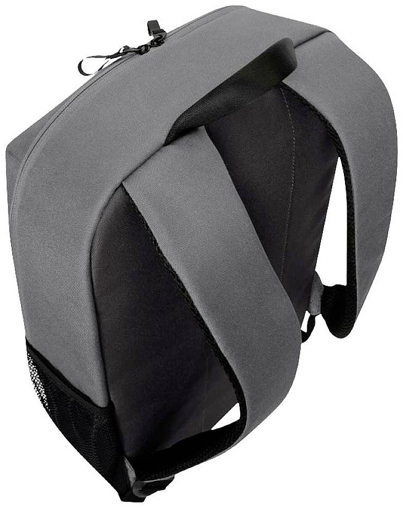 Szürke-fekete hátizsák párnázott vállpántokkal és cipzárral.