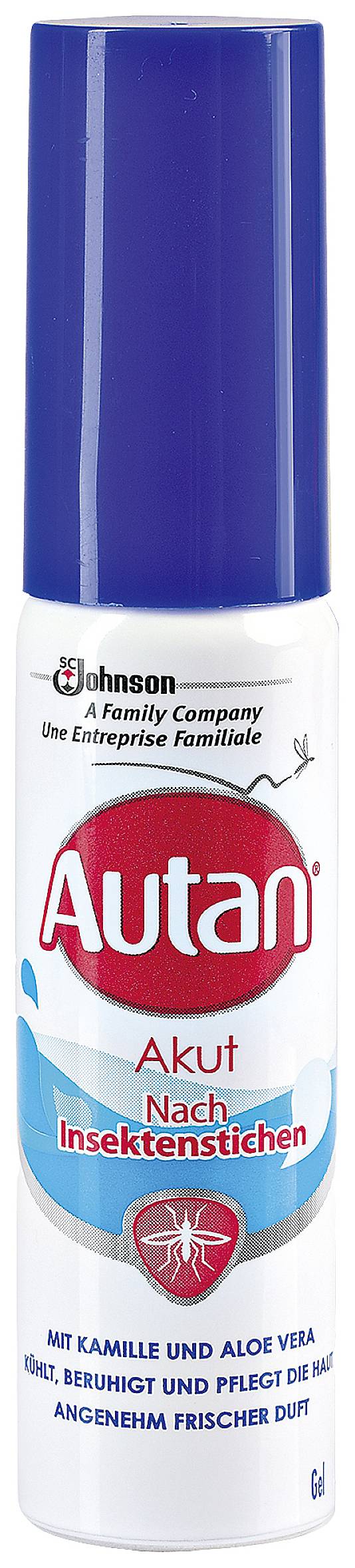 Autan Akut Spray rovarcsípés ellen, nyugtatja a bőrt kamillával és aloe verával, 8 ml, kék-fehér flakonban.