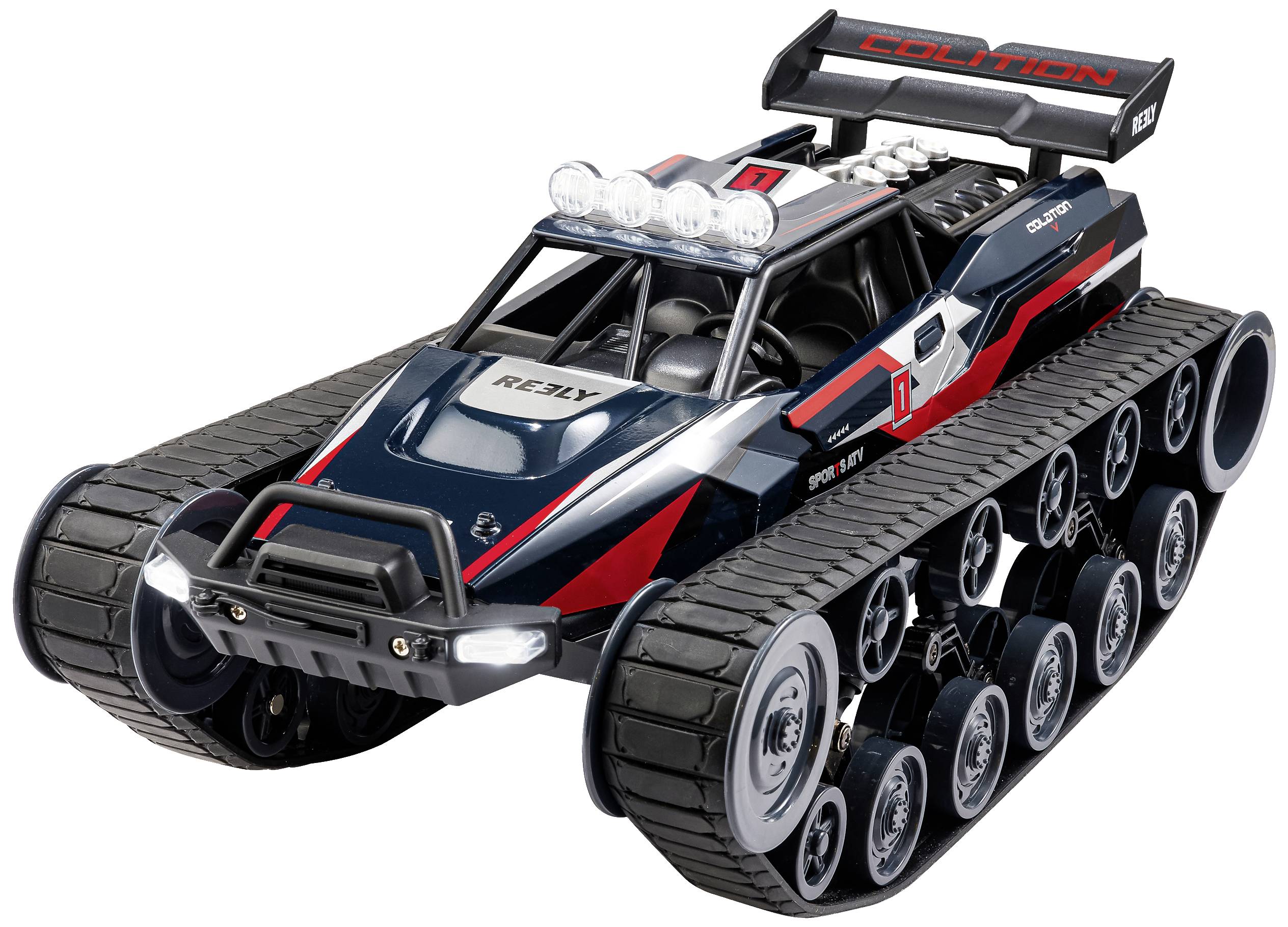 Játékautó traktorkerékkel, piros-fekete dizájnnal és tetőre szerelt fényszórókkal. A motorháztetőn a 'Rezly' modell felirata.