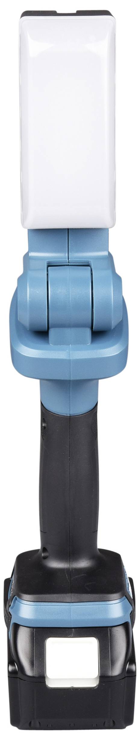Egy kék és fekete hordozható LED-es munkalámpa négyszögletes világítófejjel és állítható fogantyúval. Tökéletes építkezésekhez.