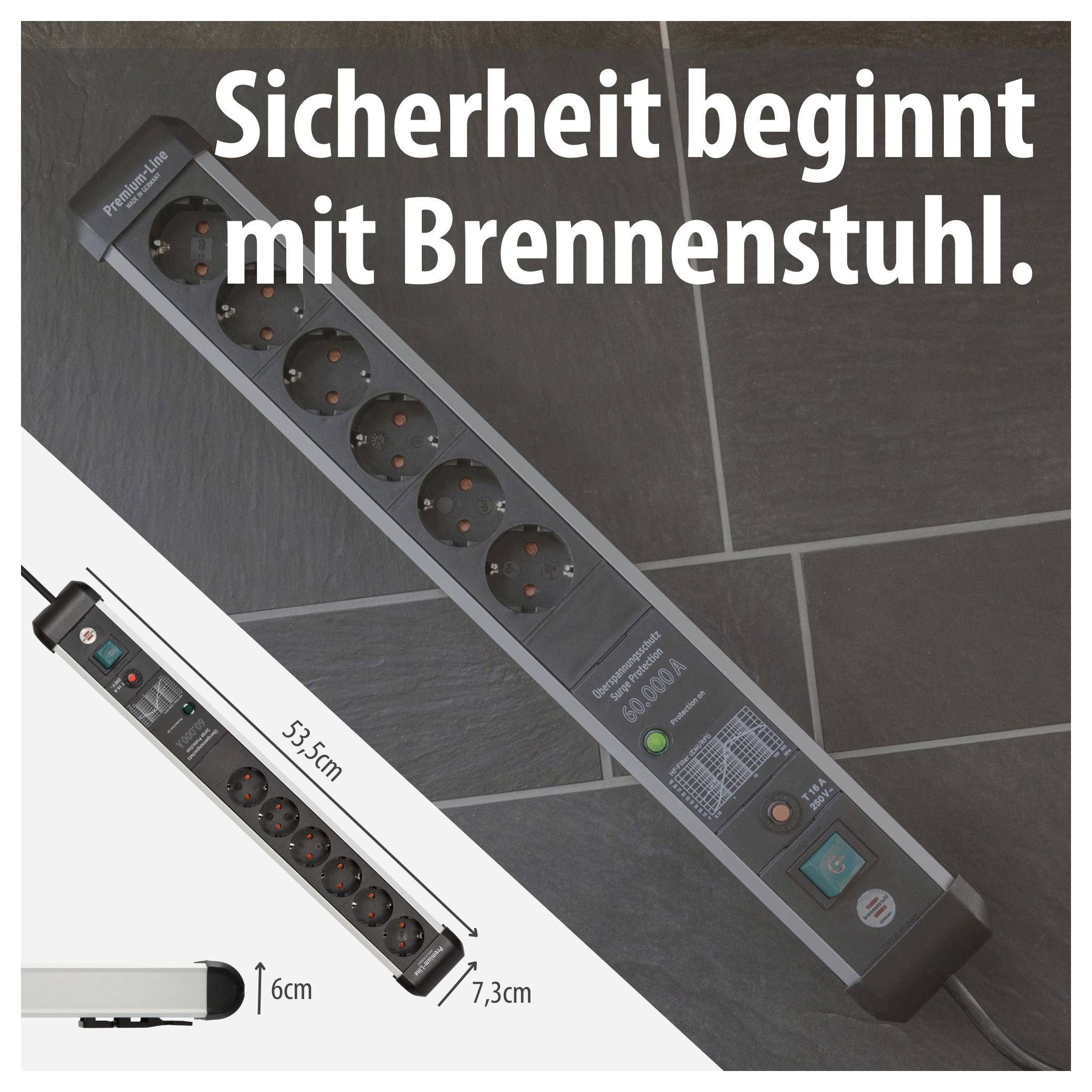 Brennenstuhl-csatlakozósorhoz tartozó reklámkép a „A biztonság a Brennenstuhllal kezdődik." szlogennel; két többszörös aljzatot és 53,5 cm, 7,3 cm és 6 cm méreteket mutat.