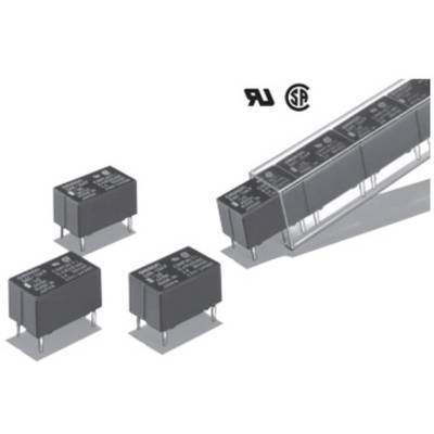 Több fekete elektronikai alkatrész (relé) ábrázolása világos háttér előtt, márkalogók a jobb felső sarokban.