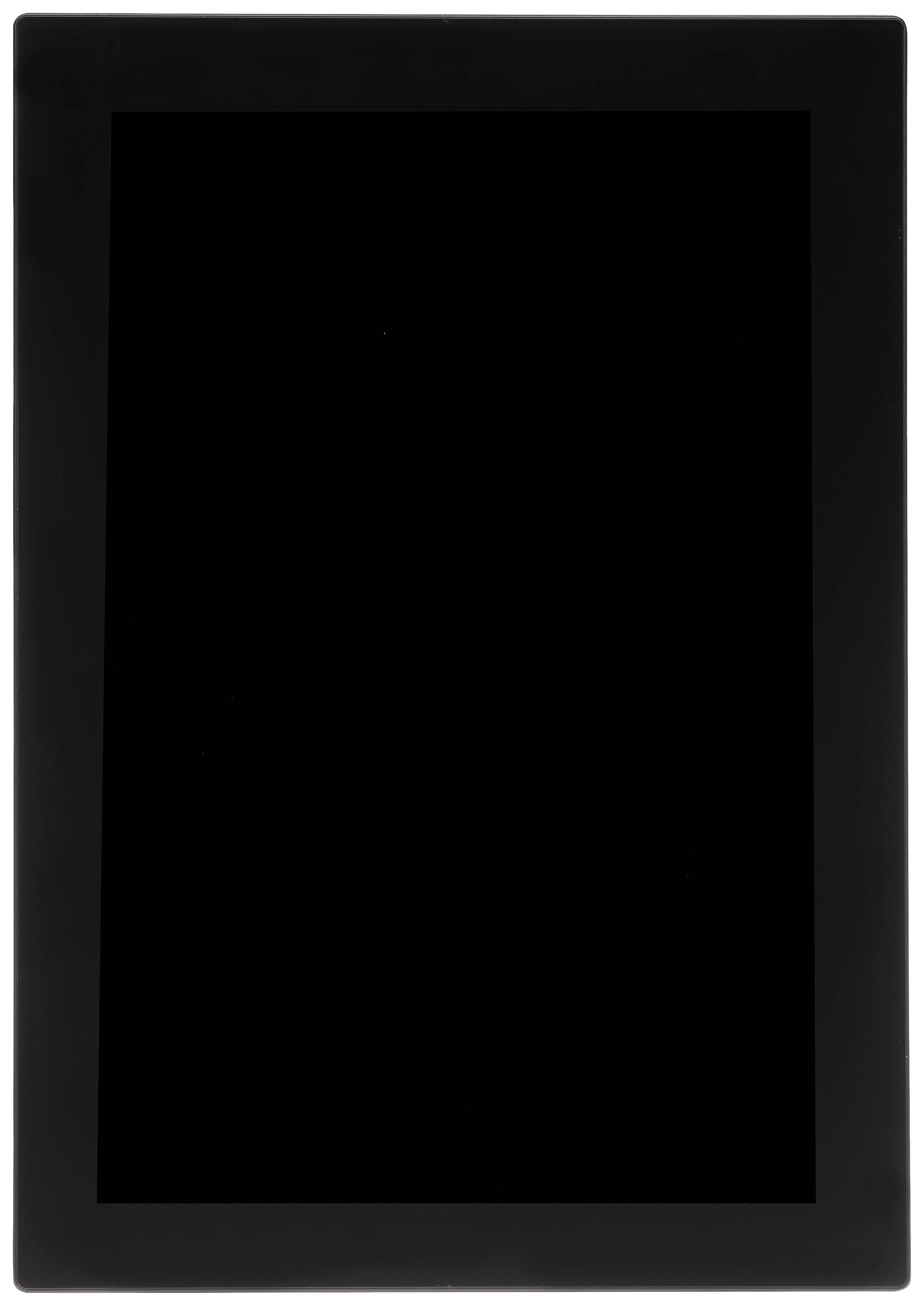 Egy fekete téglalap alakú képernyő, amely valószínűleg egy kikapcsolt tablet vagy monitor, amelyen nem láthatók részletek vagy minták.