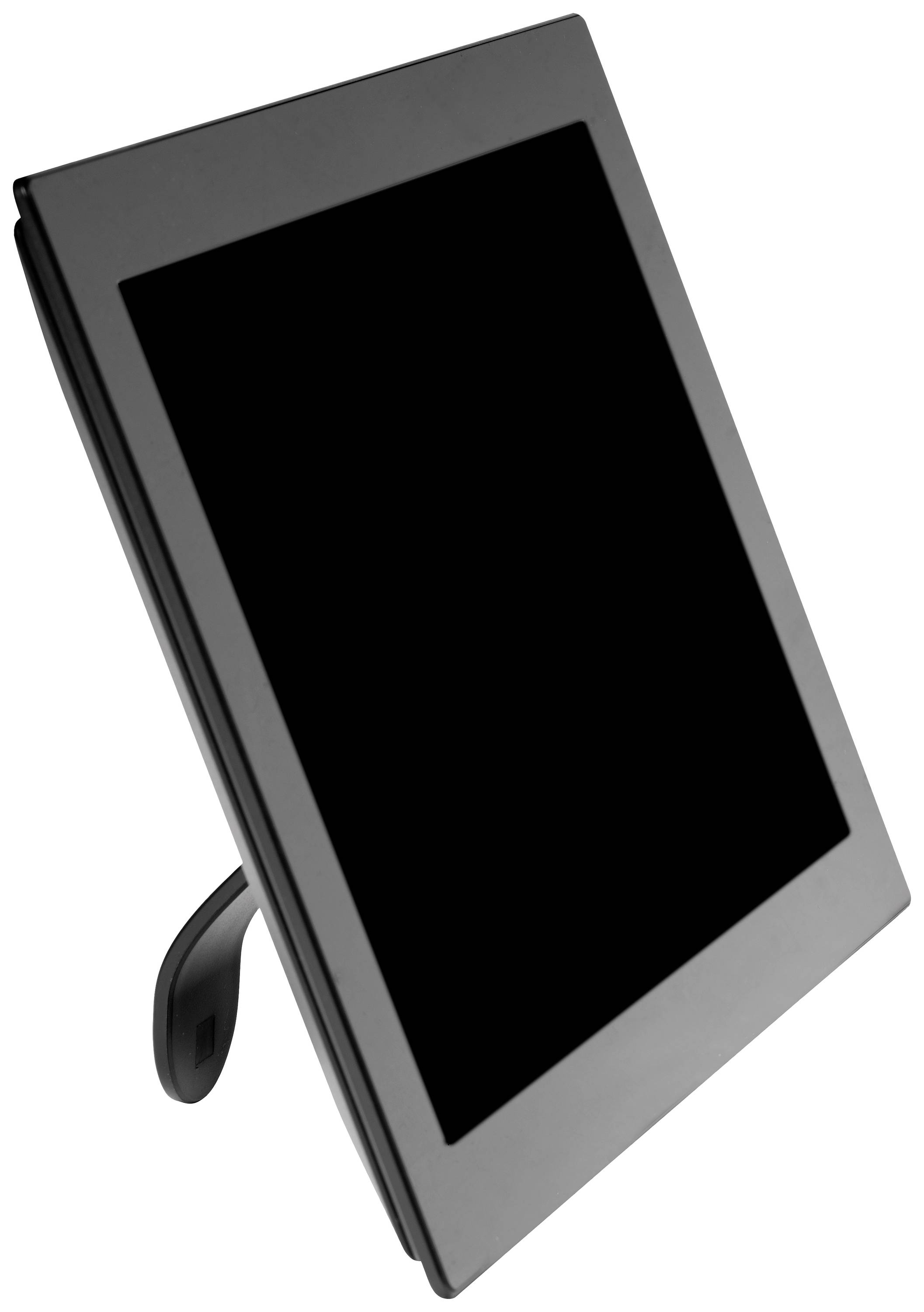 Egy fekete, ferdén álló digitális képkeret üres képernyővel, kihajtható állvánnyal alátámasztva.