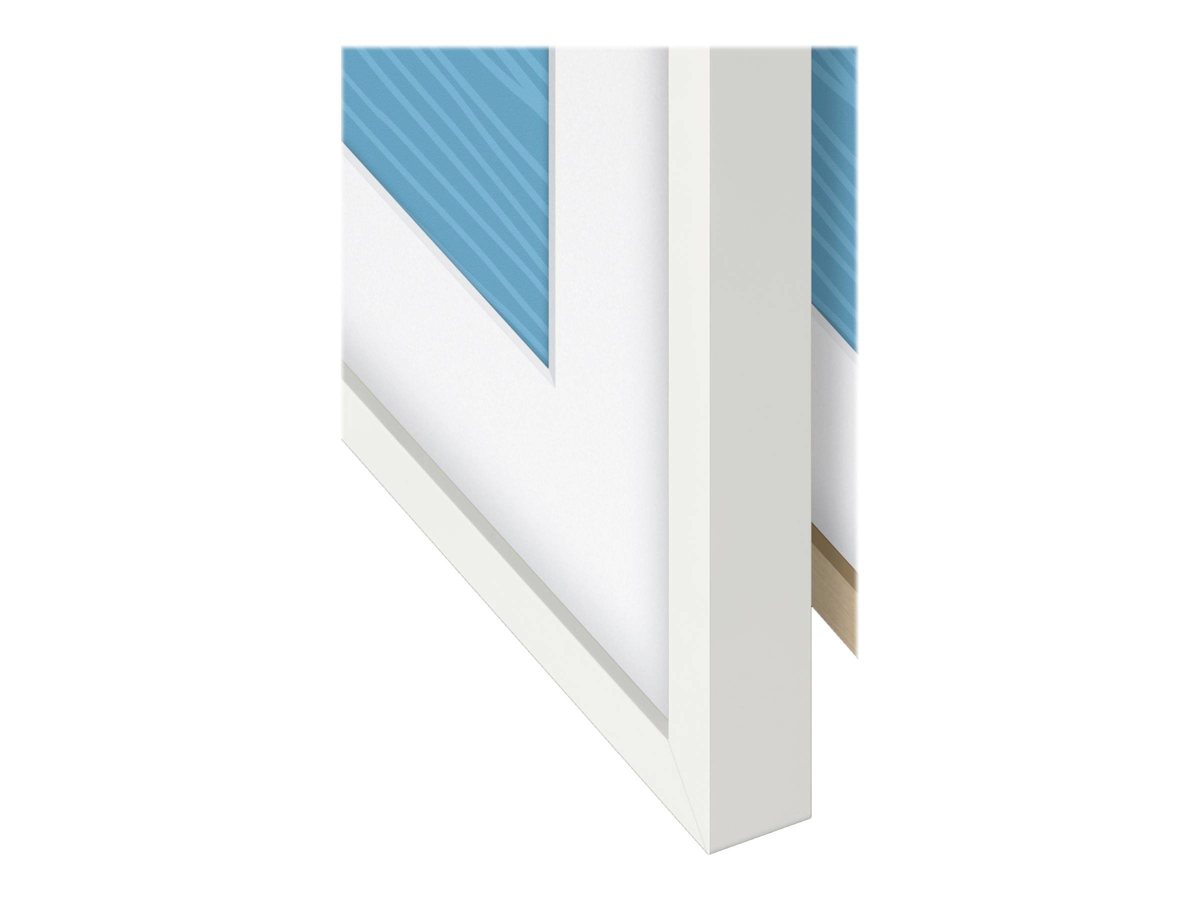 Egy keret keresztmetszete mutatja a vastagságot és a sarokillesztés részleteit. A keret fehér egy kék belső résszel.