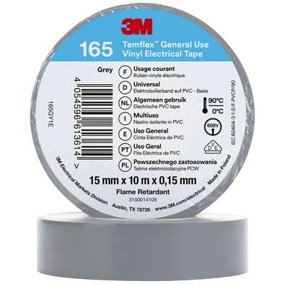 3M '165' típusú szürke PVC szigetelőszalag, univerzálisan felhasználható. Hosszúság 10 m, szélesség 15 mm, lángálló, alkalmazható 90°C-ig, 600V.