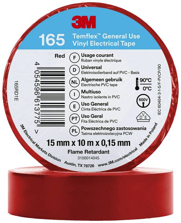3M Temflex™ 165 165RD1E Szigetelőszalag Temflex™ 165 Piros (H x Sz) 10 m x 15 mm 1 db