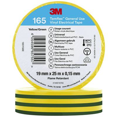 3M típusú sárga-zöld szigetelőszalag, 165-ös típus, 19 mm x 25 m x 0,15 mm, lángmentesített, általános használatra, CE- és biztonsági tanúsítvánnyal.