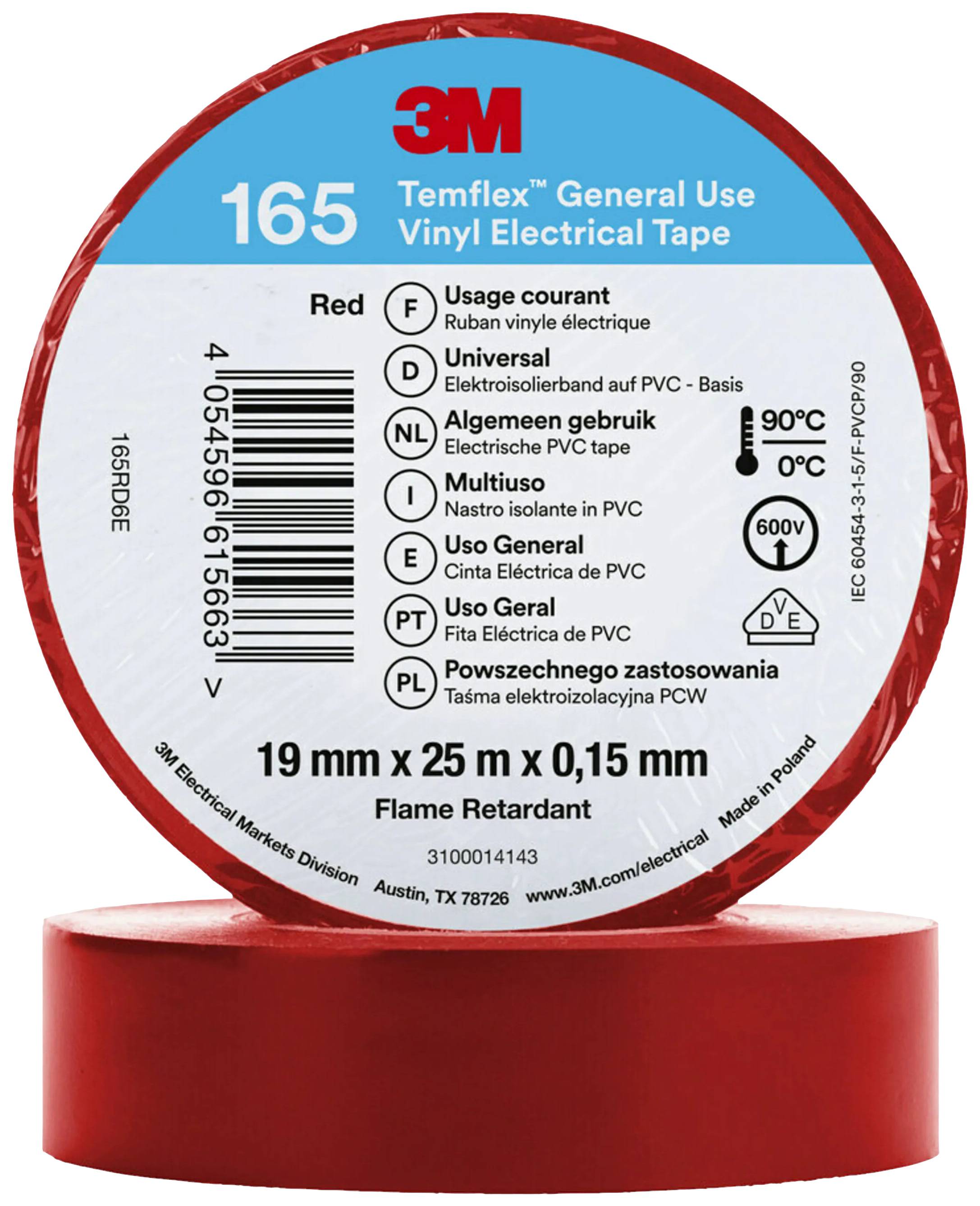 3M Temflex 165 vörös PVC szigetelőszalag. Felirat: univerzális használat, 19 mm x 25 m x 0,15 mm, lángmentesített.