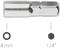Egy ezüstszínű fémszerszám hatszögletű nyílással. Alatta két szimbólum: '4 mm' hatszögletű és '1/4"' ötszögletű jelöléssel.