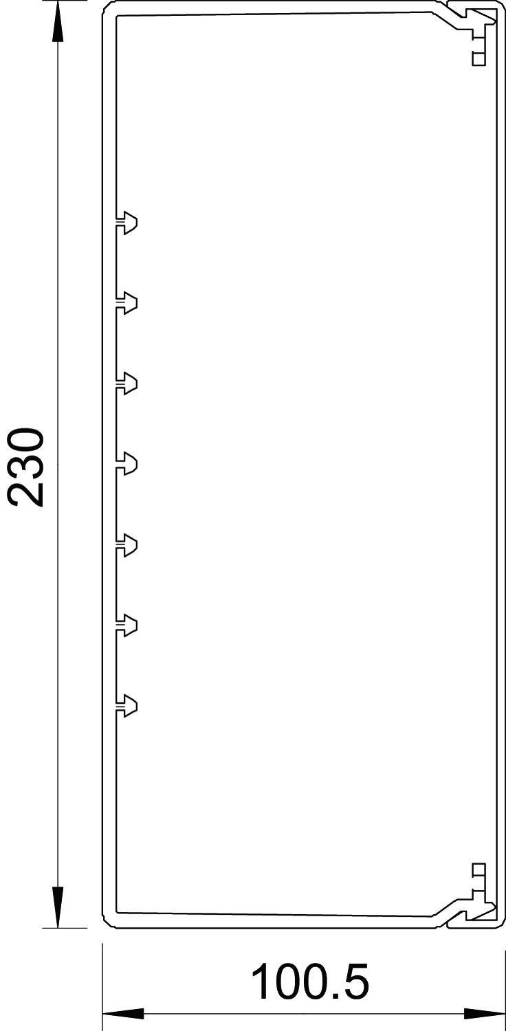 Műszaki rajz egy téglalap alakú objektumról, amelynek magassága 230 mm és szélessége 100,5 mm.