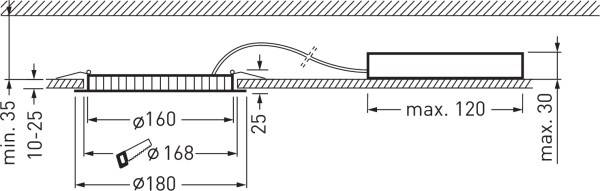 Keresztmetszeti rajz egy beépíthető lámpáról méretekkel: min. 35 mm beépítési mélység, 168 mm átmérő, transzformátor max. 120 mm távolságban.
