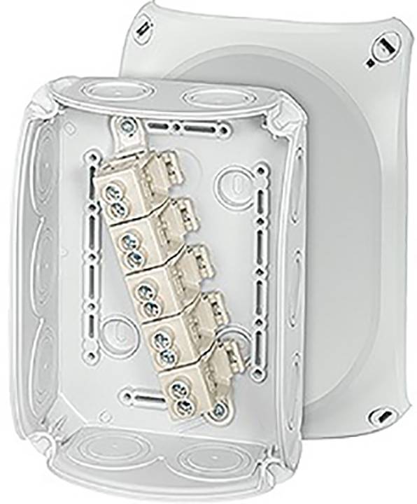 Elektronikai doboz öt szimmetrikusan elhelyezett, egy tartóra szerelt csatlakozóval, elektromos kábelezéshez tervezve.