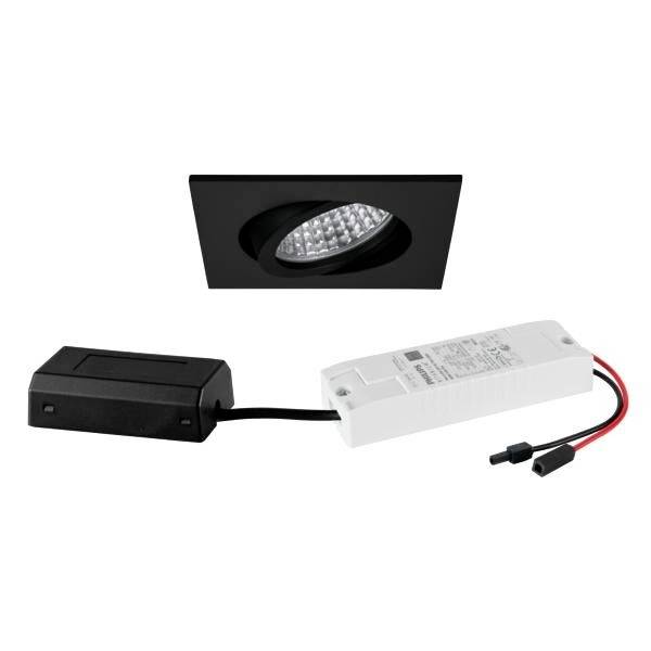 Fekete, négyszögletes LED-süllyesztett lámpa fehér kábellel és vezérlőegységgel, modern beltéri világításhoz.