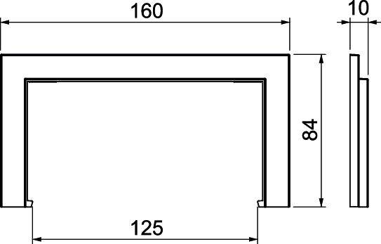 Fémprofil műszaki rajza. Méretek: szélesség 160 mm, magasság 84 mm, mélység 10 mm, belső szélesség 125 mm. Oldalnézet jobbról.
