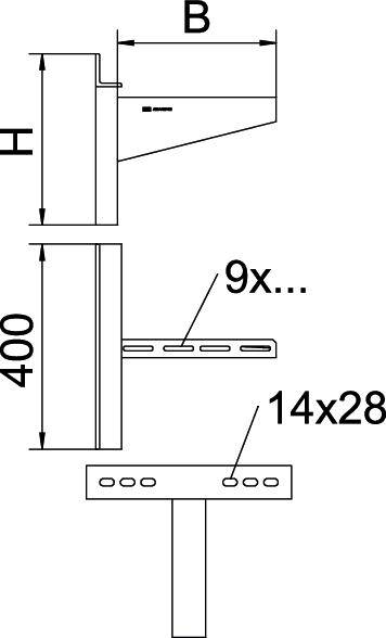 Műszaki rajz egy tartószerkezetről méretekkel: magasság 400 mm, szélesség B. Részletek mutatják a 9 nyílást felül, 14x28 alul.